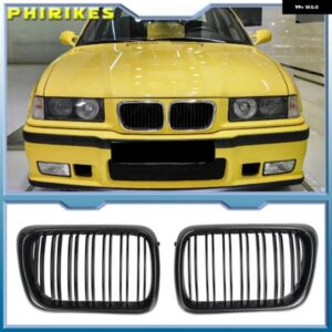 2Xダブルライン スタイル カーフロントレーシングキンディ グリル BMW E36 LCI 1997-1999 M3グロッシーブラックデュアルスラットアッパー グリル