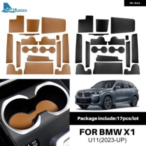 レザー BMW X1 U11 2023 車内ドアスロットマット 滑り止めカップ ホルダー コースター パッド 防水 防塵 アクセサリー 17個 - LHD-BLACK