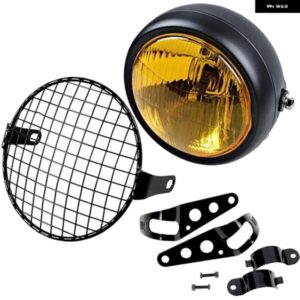 レトロヴィンテージ オートバイ バイク 汎用 サイド マウント 35W 6.5インチ アンバー ヘッドライト カフェレーサー グリル + ブラケット キット 付き - black