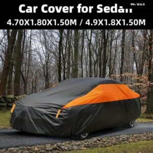 汎用 フルカーカバー 屋外 防水 太陽雨雪 UV 190T ポリエステルカバー セダン黒オレンジスプライシング カスタムパーツ アクセサリー 交換 - L　4.70X1.80X1.50M