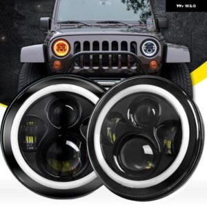 カーアクセサリー黒 LED ヘイロー 7インチ ヘッドランプ ジープ ラングラー JK TJ 7インチ LED ヘッドライト アセンブリ LADA NIVA アーバン