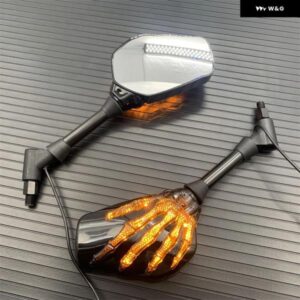 1ペア 10MM オートバイ ハンドルバー スカル ハンドパターン ゴースト 爪バックミラー サイドガラスミラー 12 ボルト LED ライト ACCESSORI - black