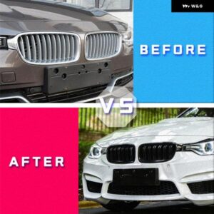 車用フロント グリル レーシングフロントスポーツ グリル グロスブラック ダブルスラットキドニー グリル BMW 3シリーズ F30 F31 F35 2011-2019 - Carbon　Fiber