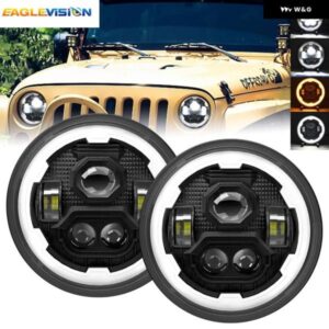 車用 ヘッドライト エンジェルアイズ 7インチ DRL LED ヘッドライト 車 ジープ バイク クリスタルレンズ 4X4 ライトハウス ラングラー ジープ JK ヒンジ