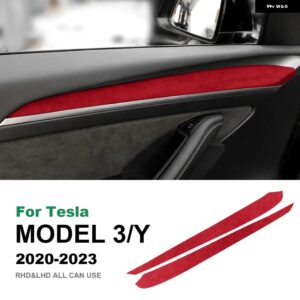 テスラ モデル 3 モデル Y 2020-23 2個 イタリアスーパースエードインテリアドアハンドルパネルトリム カバー 装飾 アクセサリー カス - red