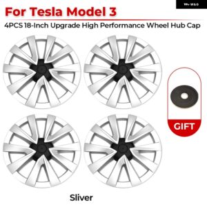テスラ 4個 ハブキャップ 18インチ パフォーマンスホイール キャップ 自動車 REPLACEMEN ハブキャップ フルリムカバー アクセサリー - Silver