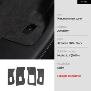 テスラ アルカンターラ モデル 3 Y 2019-2023 ウィンドウリフタースイッチ ボタン 装飾 カバー トリム ステッカー カー インテリア - RHD 9002 black