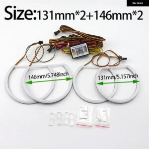 BMW 3 5 7シリーズ E46 E39 E38 カラフルな RGBW コットン LED エンジェルアイズ 回転ダイナミックライトシーケンシャル流れるウインカー付き - 131mmx2 and 146mmx2