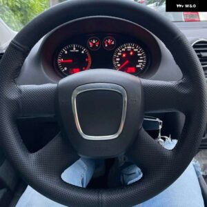 アウディ ステアリング ホイール カバー ラップ滑り止め革ステアリング ホイール 編組 A3 A4 B8 A6 C6 Q5 Q7 カー - Black Thread