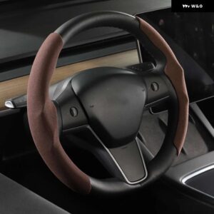 テスラ スエードステアリング ホイール カバー カスタムモデル 3 Y 2017-2022 2023 ノンスリップホイール プロテクター カバー 通 - brown