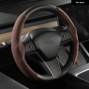 テスラ スエード ステアリングホイール カバー カスタム モデル3 Y 2017-2022 2023 ノンスリップホイールプロテクターカバー 通気 - brown