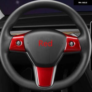 テスラ 3個 モデル3 Y 2017-2022 ステアリングホイール装飾パッチカバー ABS マットカーボン ステッカー 自動車アクセサリー - Red