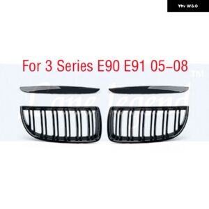 BMW 1ペア 2 ライン ダブルスラットフロントキドニー グリル 3シリーズ E90 E91 2005-2012 カーアクセサリーグロスブラックカラー グリル - 2005-2008