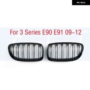BMW 1ペア 2 ライン ダブルスラットフロントキドニー グリル 3シリーズ E90 E91 2005-2012 カーアクセサリーグロスブラックカラー グリル - 2009-2012