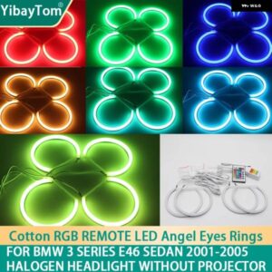 BMW 3シリーズ E46 セダン 2001-2005 世代ヘッドライト プロジェクターなし リモートコットン RGBW LED エンジェルアイリング 131MM + 146M