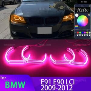 BMW 電話アプリ 制御 RGB マルチカラー DTM クリスタル LED エンジェルアイズ リング 3シリーズ E90 E91 フェイスリフト 2009-2012 ハロゲン ヘッドライト