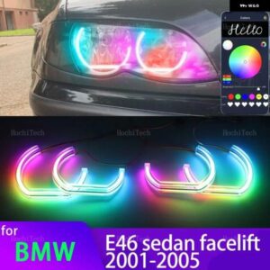 BMW 3シリーズ E46 セダン フェイスリフト 2001-2005 ハロゲン ヘッドライト APP ダイナミック RGB エンジェルアイリングライト ウィンカーライト付き