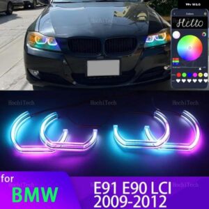BMW 3シリーズ E90 E91 フェイスリフト 2009-2012 ハロゲン ヘッドライト APP ダイナミック RGB エンジェルアイリングライト DRL ウィンカーライト付き