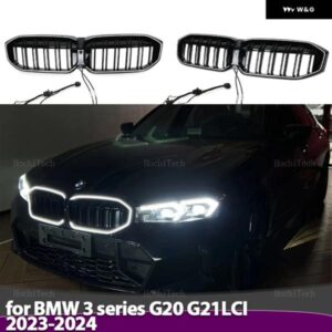 BMW LED ライトグロスブラックフロント バンパー グリル 3シリーズ G20 G21 改築 LCI 2023-2024 スポーツグリル ダブルスラット