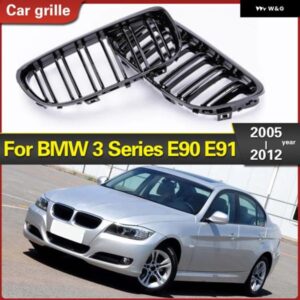 BMW 1ペア 2 ライン ダブルスラットフロントキドニー グリル 3シリーズ E90 E91 2005-2012 カーアクセサリーグロスブラックカラー グリル