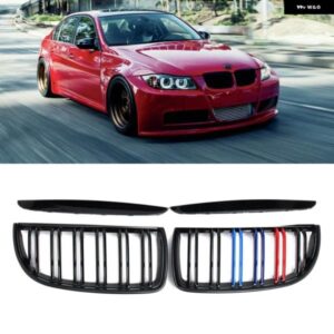 BMW 1ペア グロスマットブラック M カラー 2 ラインフロント キドニーグリル グリルダブルスラット E90 E91 3シリーズ 320I 325I 328I 2005-2008