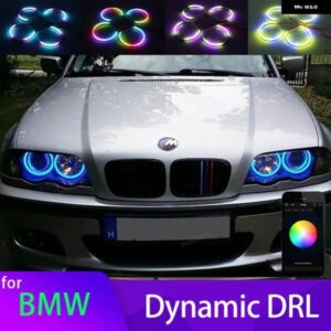 BMW 320I 323I 325I カラフルな RGBW コットン LED エンジェルアイ E46 1998-2002 回転ダイナミックライトシーケンシャル流れる
