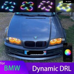 BMW 3 5 7シリーズ E46 E39 E38 カラフルな RGBW コットン LED エンジェルアイズ 回転ダイナミックライトシーケンシャル流れるウインカー付き