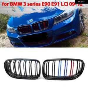BMW フロント グリル レーシングフロントスポーツ グリル グロスブラックダブルスラットキドニー グリル 3シリーズ E90 E91 LCI 40148