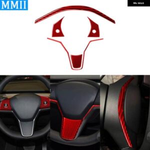 テスラ 5個 レッドカーボン ステアリングホイール パネル カバー 装飾 スーツ インテリア ステッカー モデルY 2020 + モデル3 201