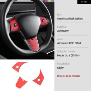 テスラ アルカンターラモデル 3 Y 2019-2023 3個 ステアリングホイール パッチカバー トリム ステッカー 装飾 インテリア - red