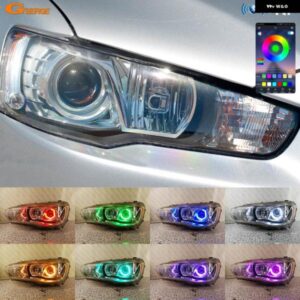三菱 ランサー 10 X EVO キセノン ヘッドライト BTアプリ RFリモート 超高輝度 マルチカラー RGB 六角LED エンジェルアイキット ハローリング