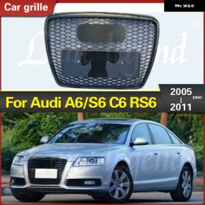 アウディ A6/S6 C6 2005-11 RS6 フロントスポーツ六角メッシュ スタイル ハニカムフード グリル グロスブラック グリル - Chrome Emblem