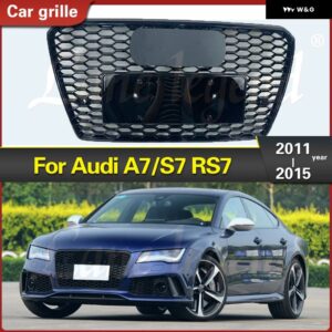 アウディ RS7 スタイル フロントスポーツ六角メッシュハニカムカバー グリル グロスブラック A7/S7 2011-2015 レーシング グリル カーパーツ - Chrome Emblem