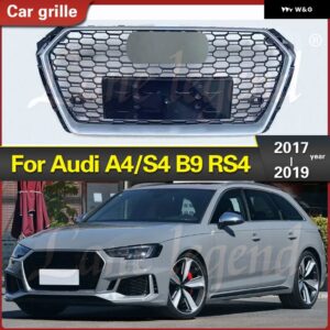 アウディ RS4 スタイル フロントスポーツ六角メッシュメッシュフード グリル シルバー フレーム ブラック グリル A4/S4 B9 2017-2019 レーシング グリル - Chrome Emblem