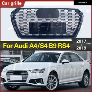 アウディ RS4 スタイル フロント スポーツ 六角メッシュ ハニカム フードボイス グロス ブラック A4/S4 B9 2017-2019 レーシング ウォーク - Silver Emblem