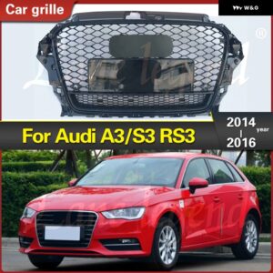 アウディ ハニカムメッシュ グロスブラック A3/S3 8V 2014 2015 2016 RS3 クワトロ スタイル 六角メッシュ フロント バンパー フードウォーク - Silver Emblem