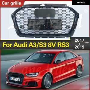 アウディ リペア RS3 スタイル フロント バンパー 吸気 グリル A3/S3 2017 2018 2019 黒ハニカムセンター レーシング グリル - Silver badge