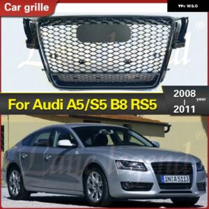 アウディ RS5 スタイル A5/S5 B8 2008-11 フロント グリル バンパー グリル グロスブラックカバー ハニカム吸気 グリル - Black Emblem