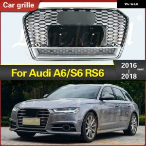 アウディ A6/S6 C7 2016 2017 2018 レー??シング グリル スタイル フロントスポーツメッシュハニカムフード グリル クロームブラック RS6 レーシング グリル - Chrome Emblem