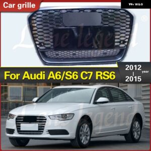 アウディ A6/S6 C7 2012-15 レーシング グリル カーボン スタイル スポーツ六角メッシュ ハニカムフード グリル RS6 スタイル - Chrome Emblem