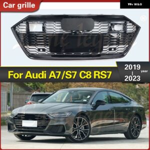 アウディ ABS 不具合フィット A7/S7 C8 2019-2023 RS7 スタイル カーパーツ ABS ブラック フロントアッパー グリル スタイリング - Chrome Emblem