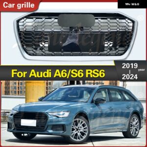アウディ RS6 スタイル フロント バンパー レーシング グリル グリル A6/S6 2019-24 ABS フードメッシュ グリル アクセサリー - Black Emblem