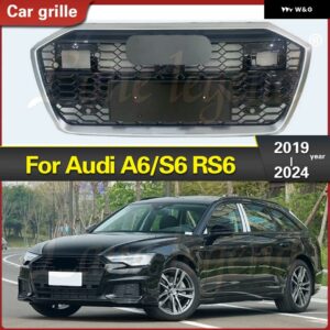 アウディ A6/S6 2019-24 フロント グリル 車アッパー バンパー フードメッシュ RS6 スタイル フロント バンパー グリル - Black Emblem