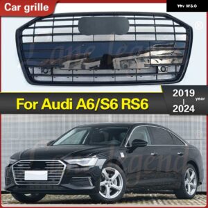 アウディ ラジエーター グリル A6L A6/S6 2019-2024 フロント バンパー グリル ミドルネット トリム カバー レーシング グリル 自動車アクセサリー - Silver Emblem