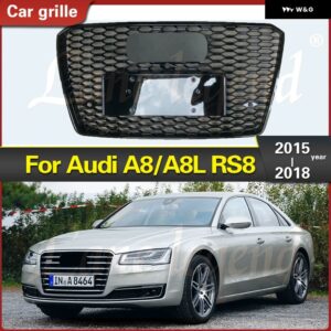 アウディ A8 A8L RS8 2015-2018 カーアクセサリー ラジエーター グリル レーシング グリル ABS フロント バンパー マスクメッシュ RS8 スタイル - Chrome Emblem