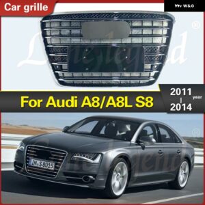アウディ フロント バンパー グリル S8 スタイル レーシング グリル A8 A8L S8 2011-2014 ABS フロント ラジエーター メッシュ グリル トリム アクセサリー - Chrome Emblem