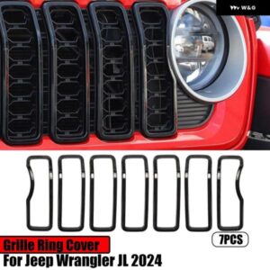 ジープ ラングラー JL 2024 7個 カーアクセサリーグリル リングカバー 装飾 ABS 外装 フロント トリム カーボンルック