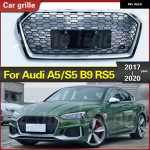 アウディ RS5 スタイル フロントスポーツ六角メッシュメッシュフード グリル シルバー フレーム ブラック グリル A5/S5 B9 2017-2020 レーシング グリル