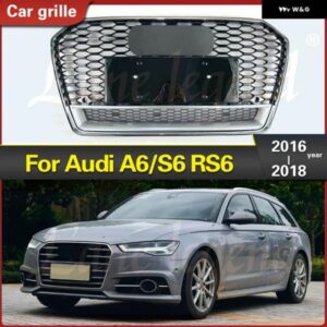 アウディ A6/S6 C7 2016 2017 2018 レー??シング グリル スタイル フロントスポーツメッシュハニカムフード グリル クロームブラック RS6 レーシング グリル
