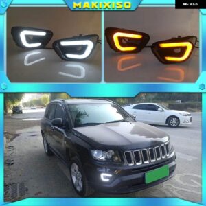 ジープ 2個 車 LED デイタイム DRL ランニングライト ホワイト + イエローサイドターニングライト フォグランプ コンパス 2011-16 - white